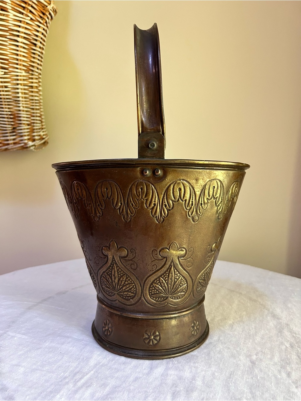 Vintage Mid-Century Embossed Brass Coal Bucket